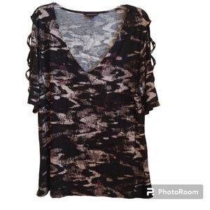 Rock & Republic Women's Lattice Sleeve Black Purple print top blouse size XXL